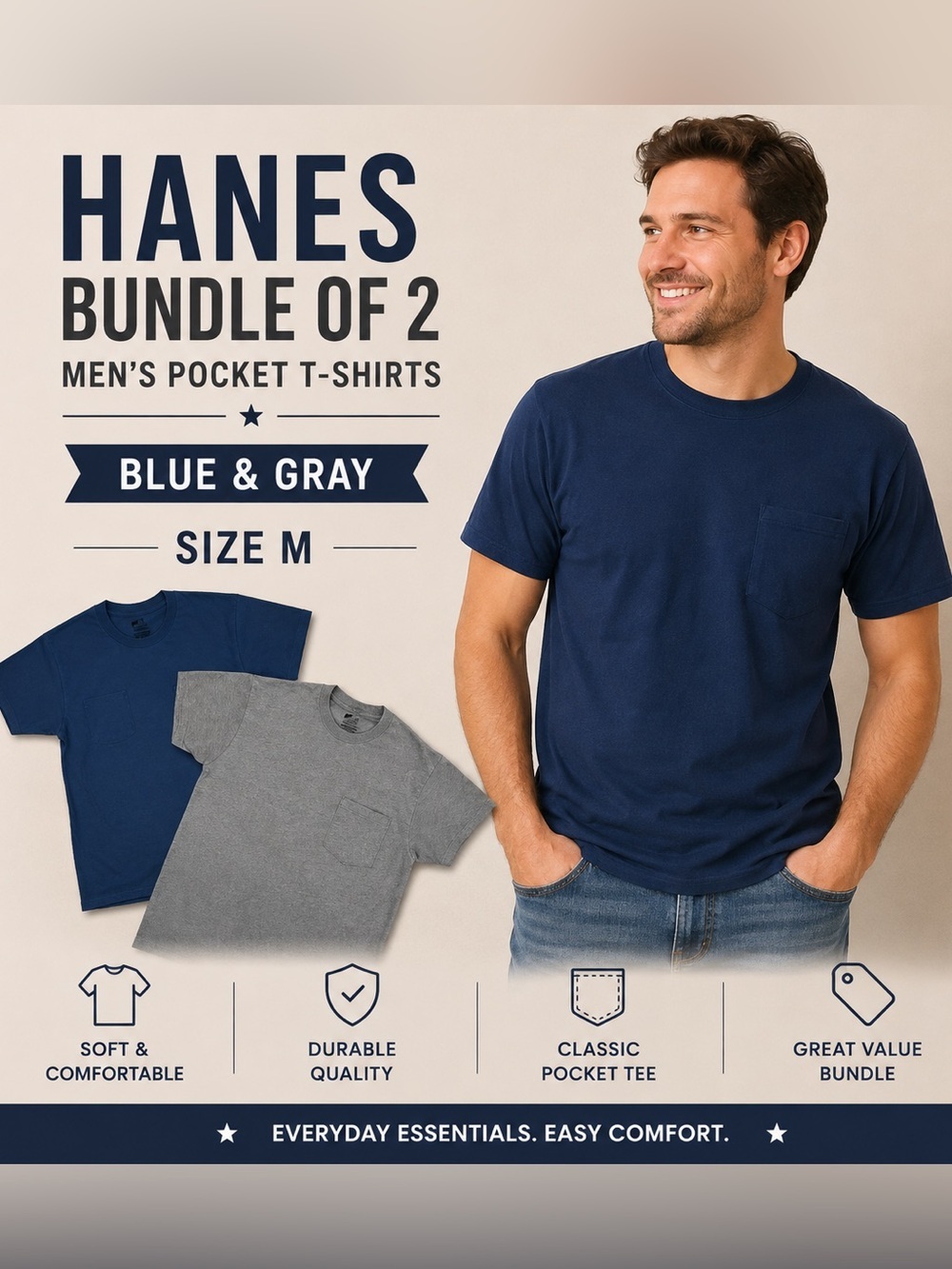 HANES bundle of 2 Men's Blue and Gray Pocket T-Shirts/size M